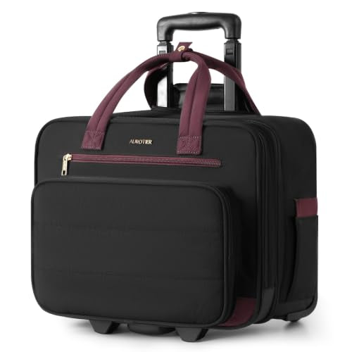 Puffer Rolling Laptop Briefcase Bag with Wheels For Women Work & Travel | Fits 16-Inch Computer Bag with Wheels, Water Resistant, TSA Friendly, 4 Pockets, Lockable Zippers, 3 Ways to Carry - color: Ribbed Black Purple