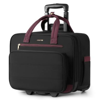 Puffer Rolling Laptop Briefcase Bag with Wheels For Women Work & Travel | Fits 16-Inch Computer Bag with Wheels, Water Resistant, TSA Friendly, 4 Pockets, Lockable Zippers, 3 Ways to Carry - color: Ribbed Black Purple