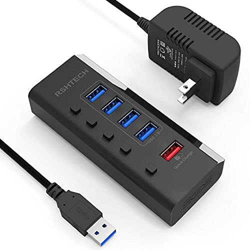 RSHTECH Powered USB Hub with 4 USB 3.0 Data + 1 Fast Charging Port, RSH-A35 | USB Extender Hub with 24W(12V/2A) Power Adapter and Individual On/Off Switches