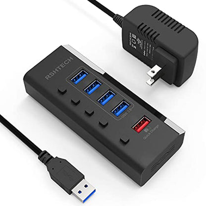 RSHTECH Powered USB Hub with 4 USB 3.0 Data + 1 Fast Charging Port, RSH-A35 | USB Extender Hub with 24W(12V/2A) Power Adapter and Individual On/Off Switches