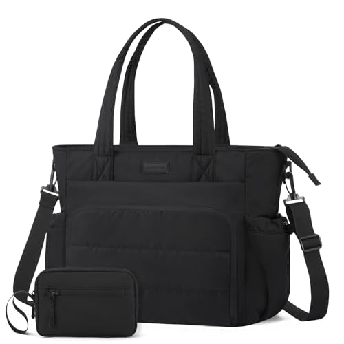LOVEVOOK Tote Bag for Women, 15.6 Inch Puffer Laptop Work Tote with Cup Holder, Quilted Nurse Bag for Travel, Gym, Daily Use - color: Black, size: 15.6 inch