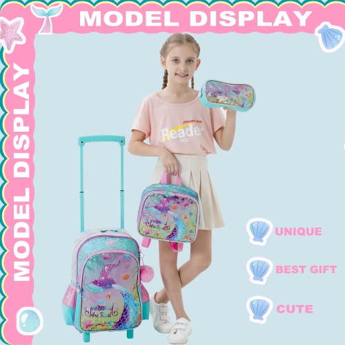Mermaid Rolling Backpack for Girls with Lunch Box Kids Backpack with Wheels for School Sequin Rolling Backpacks for Kindergarten Girls Trolley Trips Kids Luggage - color: Blue Mermaid
