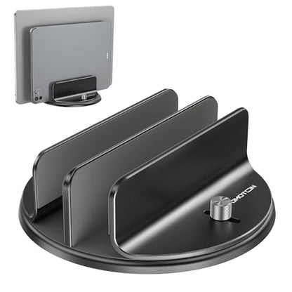 OMOTON VL04 360° Rotating Vertical Laptop Stand Holder, Aluminum Dual-Slot Desk Organizer for MacBook & iPad, Sides Knob Adjustment (No Lost Screws), Holds Laptop, Tablet & Keyboard, Fits up to 17.3"