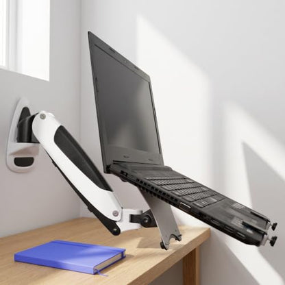Laptop Wall Mount, 2-in-1 Monitor Gas Spring Arm, with Detachable Tray, Full Motion Adjustable, Holds Max 7kg, for 11-17" Notebook/13-32 Computer Screen A