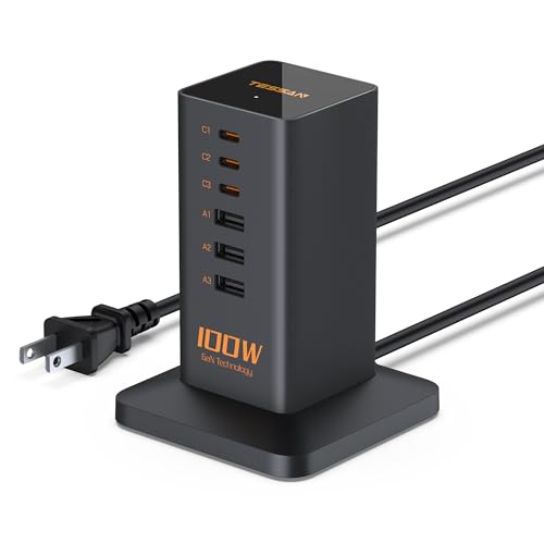 USB C Charger Blcok PD 100W, TESSAN 6-in-1 Charging Station for Multiple Devices, Desktop Tower Charger with 6 USB Ports for iPhone 17/16/15, MacBook, Tablet, Office Home Dorm Room Accessories | Desktop Accessories with 3 USB C, 3 USB A for iPhone 17/16/1