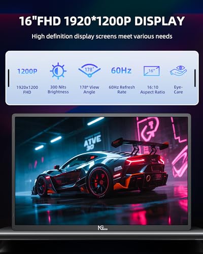 NGTeco 16" Extended Monitor Portable 1200P IPS, 360° Foldable Stand, USB-C HDMI Plug&Play, Built-in Speakers, Laptop Screen Extender for PC/Mac/Phone/Xbox/Switch - size: 16 inch-D