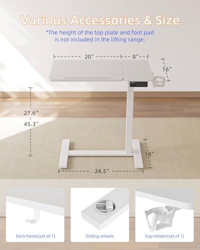 YIHAYO Adjustable Overbed Bedside Table with Wheels, 28 x 16 Inches Electric Mobile Standing Desk, Laptop Desk, Movable Overbed Tables Hospital Home Use, White - color: White Frame/White Top, size: 28*16 Inch