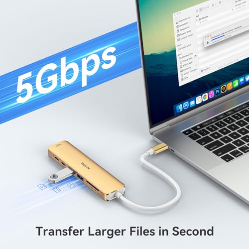 USB C Hub HDMI Adapter for MacBook Pro/Air, MOKiN 7 in 1 USB C Dongle with HDMI, SD/TF Card Reader, USB C Data Port,100W PD, and 2 USB 3.0 Compatible for MacBook Pro/Air, Dell XPS, Lenovo Thinkpad. - color: gold