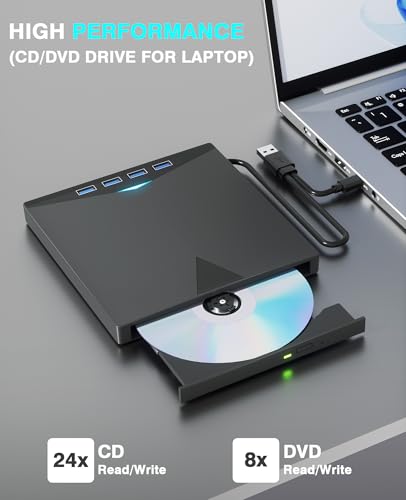 External CD/DVD Drive for Laptop PC,8 IN 1 LED Portable DVD Drive CD Burner CD-ROM DVD-/+RW Writer Reader with TF/SD Card Slots,USB 3.0 DVD Drive External,Compatible with Mac,Windows 11/10/8/7 (Black) - color: Black