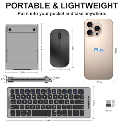 Folding & Foldable Bluetooth with Wireless Keyboard and Mouse Combo for Business Travel, 2.4G Wireless + Bluetooth 5.1, USB-C Rechargeable Portable Combo for Mac,Phones,Laptop,iPad,Tablet