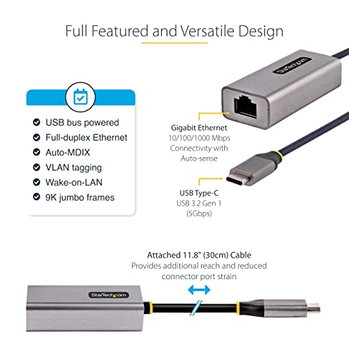 StarTech USB-C to Ethernet Adapter, 10/100/1000Mbps, 12in Attached Cable | USB 3.0 to Gigabit Ethernet Network Adapter, Driverless Install, US1GC30B2 - color: Space Gray, size: 1Gbps, style: USB-C