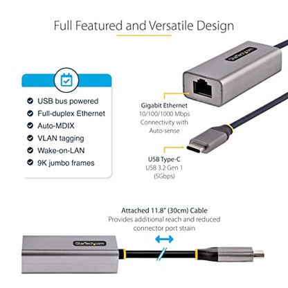 StarTech USB-C to Ethernet Adapter, 10/100/1000Mbps, 12in Attached Cable | USB 3.0 to Gigabit Ethernet Network Adapter, Driverless Install, US1GC30B2 - color: Space Gray, size: 1Gbps, style: USB-C
