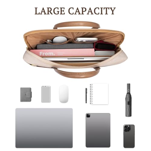 RAINYEAR 14 Inch/15.6 Inch Laptop Bag with Pockets & Handle for Women | Protective Waterproof Elegant Computer Large Capacity Shoulder Bag Case Compatible with MacBook Laptop Computer Notebook - color: Khaki, size: 15.6 Inch