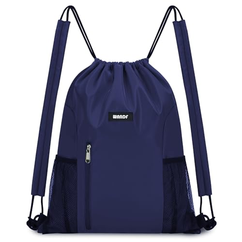WANDF Drawstring Backpack, Gym String Bag with Shoulder Pad | Water-Resistant, Sports, Travel, Beach, Daily Carry, for Men Women - color: M, Navy Blue, size: Medium