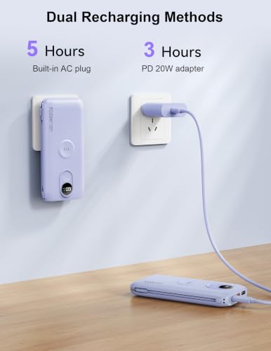 Portable Charger 10000mAh 20W, Wall Plug, 2 Cables, iWatch Charging | Digital Display, Compact Lightweight, USB C Fast Charge, USB-A 18W, Multi Protection, Travel Essential, for iPhone 17 16, Pad - color: Lilac Purple