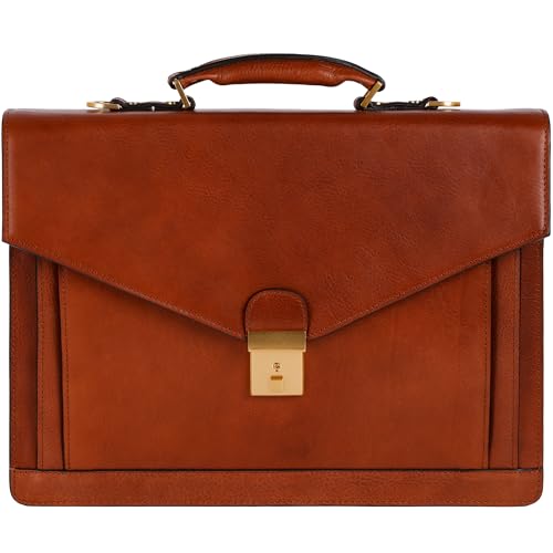 Time Resistance Leather Briefcase for Men - Business Laptop Bag - Italian Handmade Leather Bag - Attache - Gift Box Included - color: Cognac Brown
