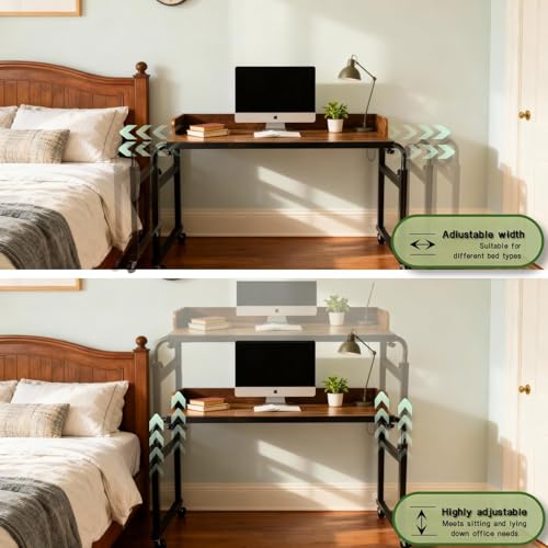 Overbed Table with Wheels and Desktop Enclosure, Height and Length Adjustable Over Bed Desk King Queen Bed Table Overbed Laptop Table (Rustic Brown) - color: Rustic Brown