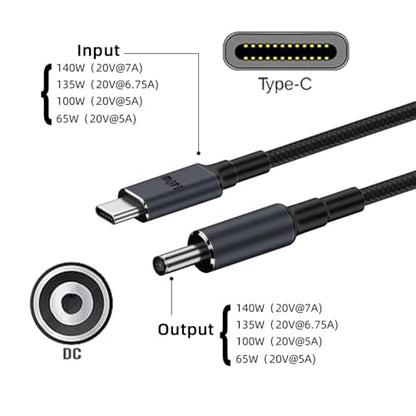 Type C USB-C Input to 20V DC 5.5 * 2.1mm Output Power 100W 135W 140W 65W PD Charge Cable for Laptop - style: 140W DC5.5X2.1MM