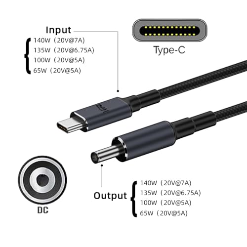 Type C USB-C Input to 20V DC 5.5 * 2.1mm Output Power 100W 135W 140W 65W PD Charge Cable for Laptop - style: 140W DC5.5X2.1MM