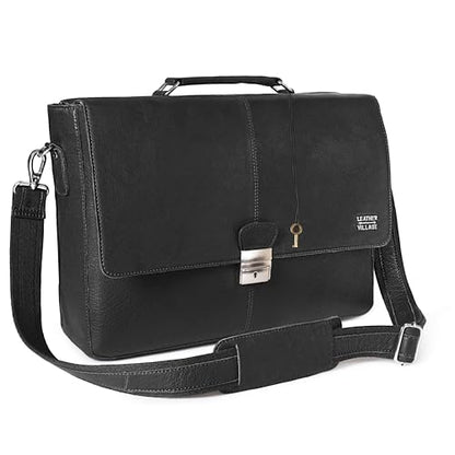 Leather Messenger Bag for Men & Women, 16'' Handmade Laptop Briefcase Satchel, Crossbody Shoulder Office Bag for Work, Travel - color: Black