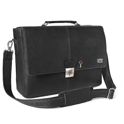 Leather Messenger Bag for Men & Women, 16'' Handmade Laptop Briefcase Satchel, Crossbody Shoulder Office Bag for Work, Travel - color: Black