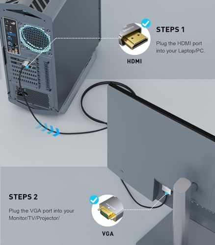 HDMI to VGA Adapter Cable 3FT [Metal Case, Nylon Cable] 1080P@60Hz HDMI Male to VGA Male Uni-Directional Braided Cord for Computer, Laptop, Monitor, Roku, Xbox, Graphics Card More - size: 3FT