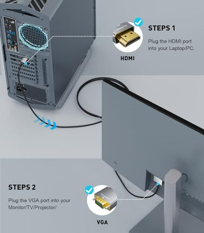 HDMI to VGA Adapter Cable 10FT [Metal Case, Nylon Cable] 1080P@60Hz HDMI Male to VGA Male Uni-Directional Braided Cord for Computer, Laptop, Monitor, Roku, Xbox, Graphics Card More - size: 10FT
