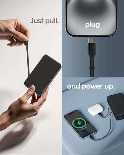myCharge RetractaCharger 10000mAh Power Bank – 28" Retractable 2 USB-C Cables | Built-in Wall Plug | 30W PD Fast Charging | Digital Battery Display | USB-C/A Ports | Up to 60 Hrs Extra Power | Black - size: 2 USB-C Cables