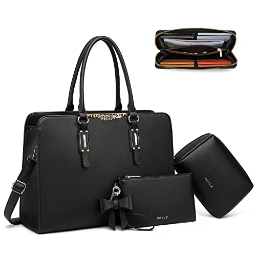 Keyli 4pc Sets Laptop Bag for Women Large Leather Laptop Briefcase with USB Charging Port Computer Shoulder tote Bags Purse - color: Black_1