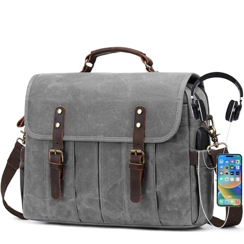 NerIion Messenger Bag for Men 15.6 Inch Vintage Canvas Genuine Leather Briefcase for Men Laptop Bag Satchel Shoulder Bag - color: Light Gray
