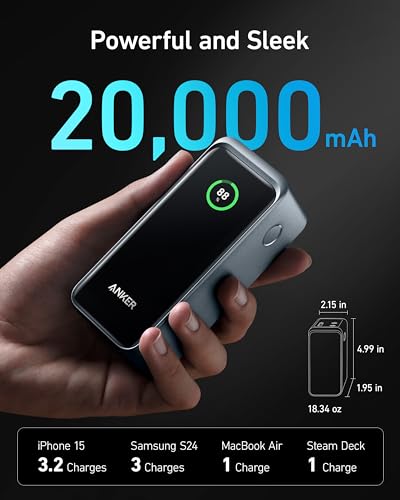 Anker Prime Power Bank, 20,000mAh 200W Portable Laptop Charger for Travel, TSA-Approved, Smart Digital Display, 2 USB-C and 1 USB-A Port, for iPhone 16/15/14 Series, Samsung, MacBook, and More