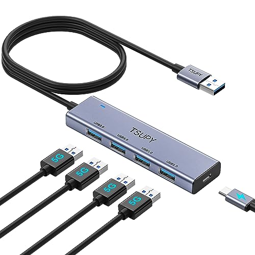 USB 3.0 HUB, TSUPY USB Splitter with 5 USB Ports and 4ft Extended Cable,Ultra-Slim Aluminium Data Hub Multi USB 3.0 Adapter HUB Compatible for Laptop,MacBook,PC, Printer, Mobile HDD and More - size: 5Gbps 5 USB 3.0 Ports Aluminium