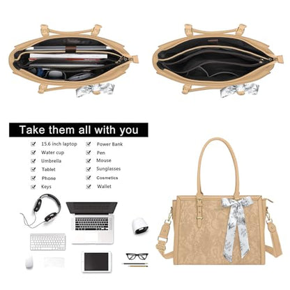 MOSISO Laptop Bag for Women, 15.6-16 inch PU Leather Tote Bag | Compatible with MacBook, HP,Dell,Asus, Front Embossed Retro Hibiscus Computer Bags with Silk Scarf&Clutch Purse, Apricot - color: Apricot, size: 16 inch