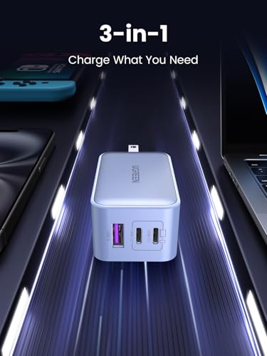 UGREEN Nexode 65W GaN USB C Wall Charger, 3-Port Compact Foldable Fast Charger Power Adapter for iPhone 17/16/15 Series, Galaxy S25/S24, Pixel 10/9, MacBook Pro/Air, Dell XPS, iPad Pro (Glacier Blue) - color: Glacier Blue