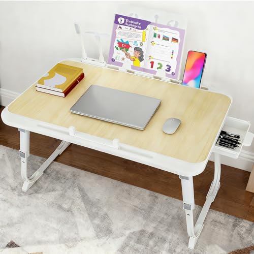 Laptop Desk for Bed, Adjustable Height Laptop Bed Table, Foldable Lap Desk with USB Charge Port, Desktop Card Slot, Side Drawer, Book Shelf, Portable Lap Tray for Eating Reading Working Sofa & Floor
