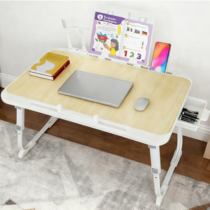 Laptop Desk for Bed, Adjustable Height Laptop Bed Table, Foldable Lap Desk with USB Charge Port, Desktop Card Slot, Side Drawer, Book Shelf, Portable Lap Tray for Eating Reading Working Sofa & Floor