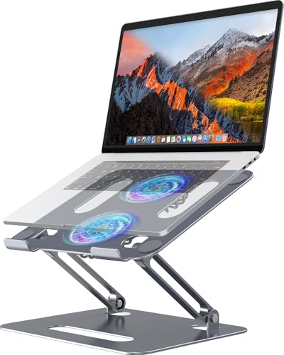 YICOSUN Adjustable Laptop Cooling Stand with 2 Quiet Fans & RGB Lighting, Aluminum Alloy & Foldable Ergonomic Design for MacBook, Lenovo, ASUS, Dell 10-16 Inch, Perfect for Gaming, DJ, Office - Gray - color: Gray