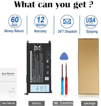 42Wh YRDD6 Battery for Dell Inspiron 15 3582 3583 3584 P75F 3593 5584 5585 | 5590 5593 5594 5598 5582 7586 14 3493 5481 P93G 5482 5485 5491 5482 2-in-1 5493 17 3793 Vostro 5481 5590 1VX1H VM732 OVM732 - size: 6.85*3.5*0.25inch YRDD6