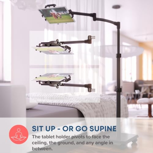 Levo G2 Deluxe Tablet Floor Stand, Rolling iPad Holder for Work & Streaming | Premium 5-axis arm reaches over chairs and beds, extra-tall 30-56 in height, locking casters, hands-free reading and play