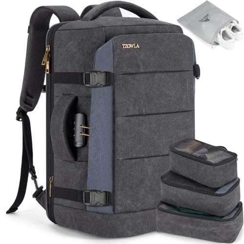Tzowla 40L Canvas Expandable Travel Laptop Backpack for Men Women Carry on Flight Approved,Large Capacity Anti Theft Backpacks,Vintage Personal Item Bag Fit 17.3" Laptop(Black & Blue) - color: Black & Navy Blue