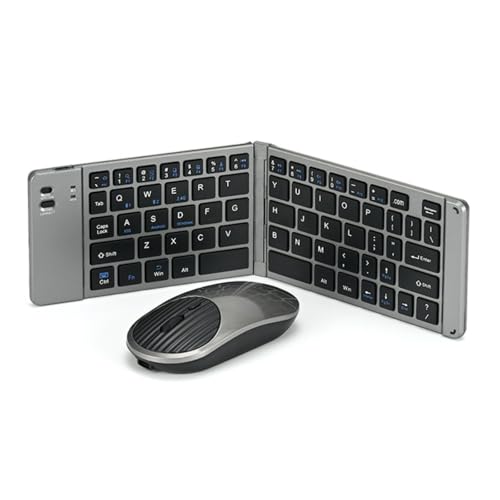 Mini Rechargeable Foldable Bluetooth Keyboard and Mouse Combo, Portable (Sync Up to 3 Devices), Ultra-Slim Travel Folding Keyboard for iPhone iPad Mac Android Windows iOS(Grey) - color: grey