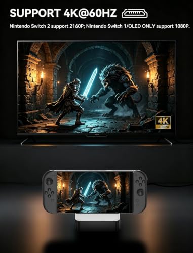 MVIIOE Switch 2 Dock for Nintendo Switch 2/OLED/Original Switch, Upgraded Docking Station with Ethernet, HDMI 2.0 4K 60Hz, 3 USB & PD Fast Charge, YouTube Supported - size: SWITCH 2