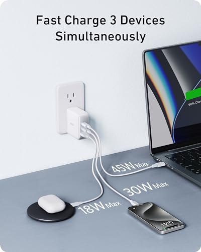 Anker Nano 100W MacBook Charger, 3-Port Fast Compact GaN USB Charger Block for MacBook Pro/Air, Pixelbook, ThinkPad, Dell XPS, iPad Pro, iPhone 17 Series, Galaxy S23,and More (White, 1 Pack & 1 Cable) - color: white