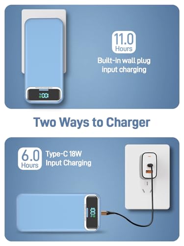 Nusyddy Portable Charger 20000mAh Fast Charging w/Built-in Wall Plug Blue | 22.5W Fast Charging, High Capacity, LED Display, Charge 5 Devices at once, TSA Approved, Compatible with iPhone/Samsung - color: Azure