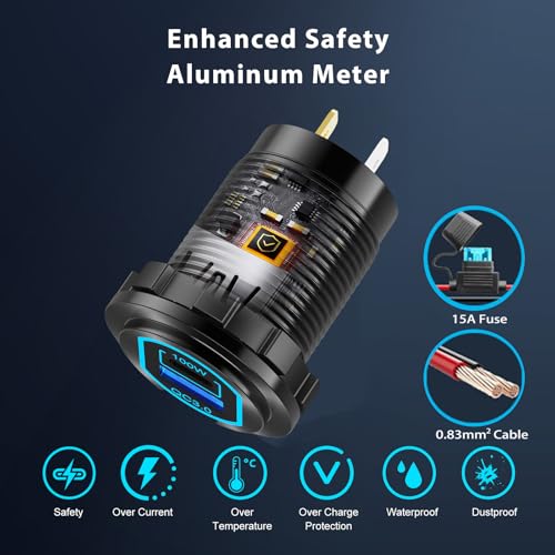2 Pack 12V USB C Outlet PD 100W Car USB Port for Laptop and QC3.0 18W Car Charger Socket Aluminum Alloy, Fast Charging Cigarette Lighter Replacement DIY Accessary for RV MarineTruck Boat Golf