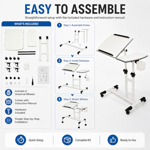 Mobile Standing Desk Adjustable Height, Rolling Laptop Desk with Tilting Desktop, Portable Overbed Table on Wheels, Small Computer Writing Desk for Home Office, Bedside, Sofa, Side Table, White