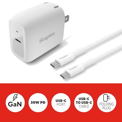 Staples TECH GaN USB-C Wall Charger with Cable, 30W, White, Fast Charging Power Adapter for Phones/Tablets - style: 30 Watt