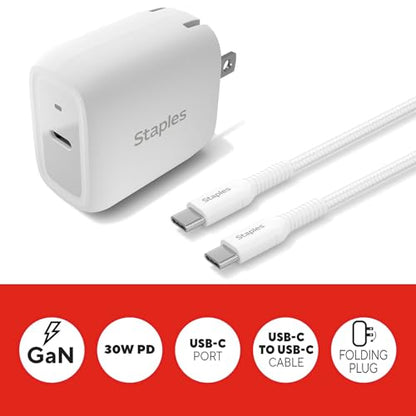 Staples TECH GaN USB-C Wall Charger with Cable, 30W, White, Fast Charging Power Adapter for Phones/Tablets - style: 30 Watt