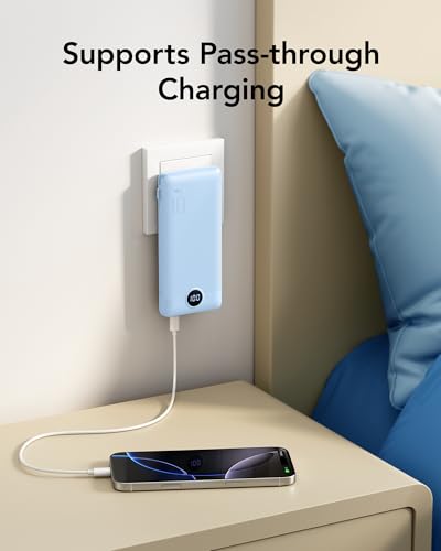VRURC 10000mAh Portable Charger with Built-in Cables and AC Plug, Blue | 22.5W fast charge, LED display, Micro, USB-C and Phone cables, 4 outputs, 8 oz, airline approved - color: Blue