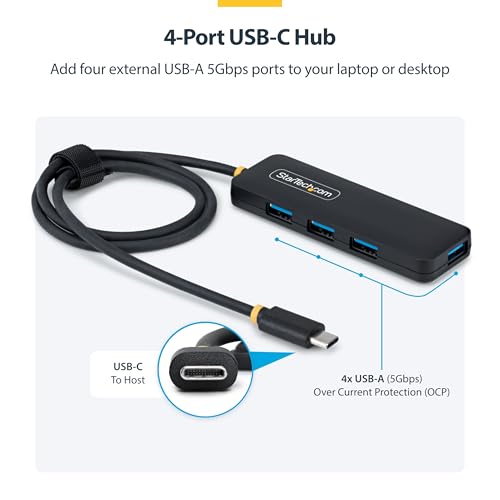 StarTech 4-Port USB-C Hub 5Gbps with 4X USB-A, 2ft Cable (H5C4A-USB-HUB-2) | SuperSpeed USB Powered portable hub, Plug-and-play, Overcurrent Protection, 2ft 61cm cable, MacBook Dell Chromebook PC - size: 2 ft, style: USB-C